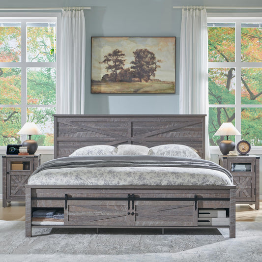 T4TREAM Farmhouse King Size Platform Bed Frame with Headboard and 3 Barn Door Storage Cabinets