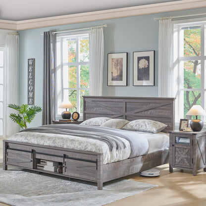 T4TREAM Farmhouse King Size Platform Bed Frame with Headboard and 3 Barn Door Storage Cabinets