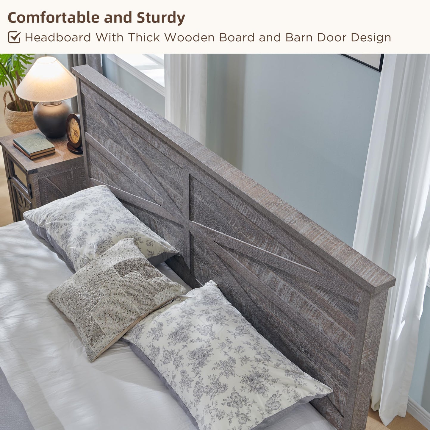 T4TREAM Farmhouse King Size Platform Bed Frame with Headboard and 3 Barn Door Storage Cabinets