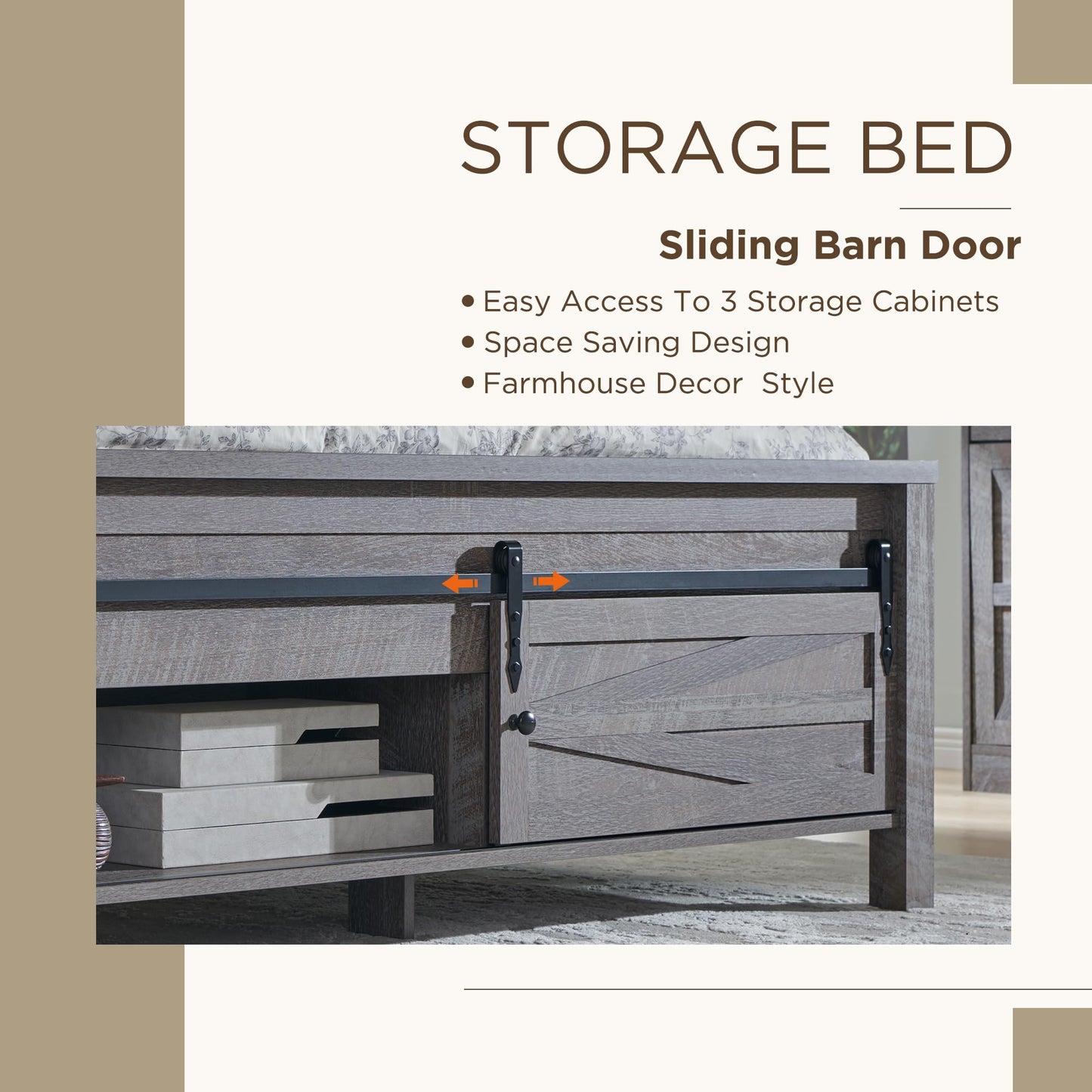 T4TREAM Farmhouse King Size Platform Bed Frame with Headboard and 3 Barn Door Storage Cabinets