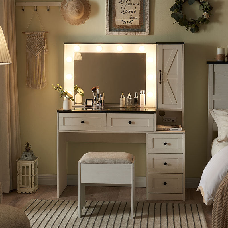 JXQTLINGMU 43 inch Farmhouse Vanity Makeup Desk with Charging Station